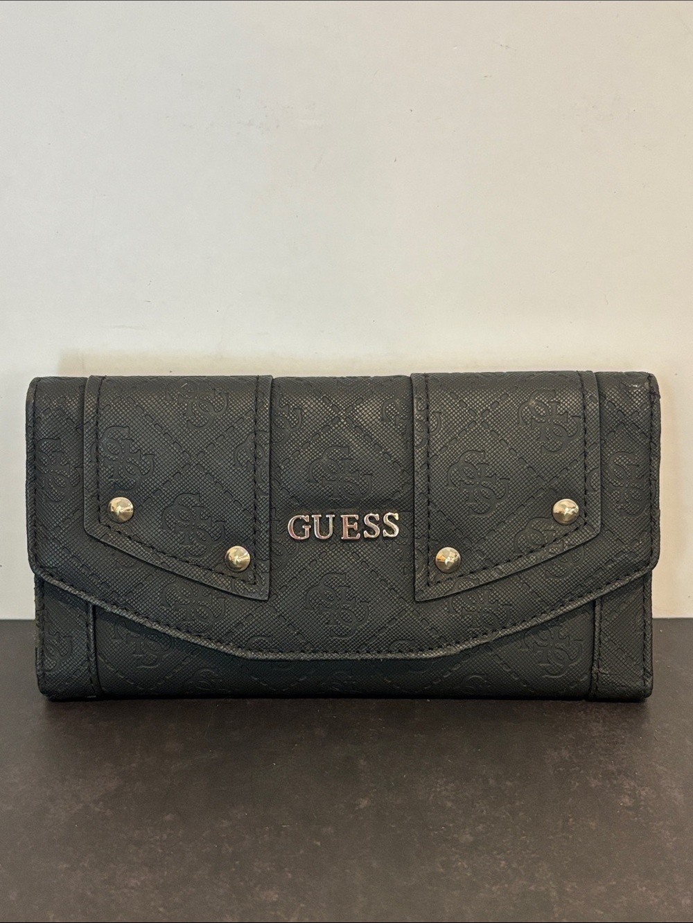 GUESS Black Embossed Logo Continental Wallet with Gold Hardware